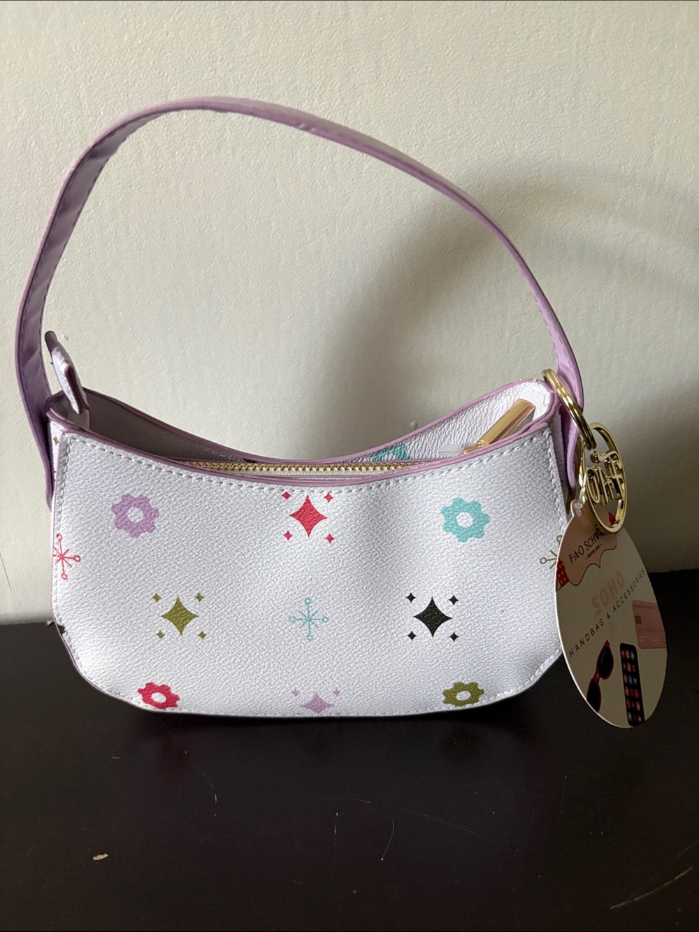 Lilac-Trim White Kids Shoulder Bag with Multicolor Stars